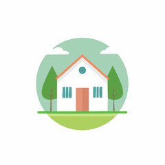 Stylized white house with orange roof amidst trees and green lawn on a circular graphic