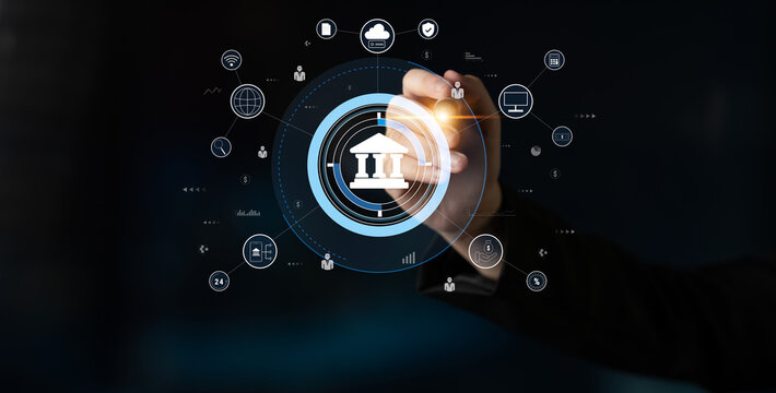 A global FinTech and digital banking network technology concept. A central financial system connected to the worldwide digital economy and services. Motif - Powered by Adobe