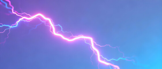 Diagonal zigzag of bright neon lightning in pink and blue colors on gradient background.
