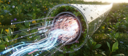 Futuristic transparent cable with glowing digital data streams flowing through lush green natural environment with leaves and sunlight.