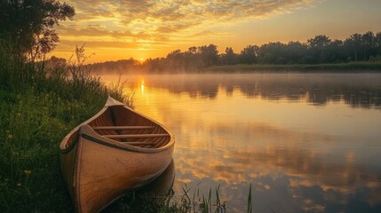 Wooden canoe rests peacefully by the waters edge at sunrise