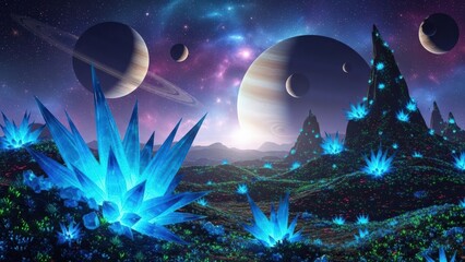 Obraz premium Alien planet landscape with glowing blue crystals, ringed planets, and nebula in a vibrant outer space scene