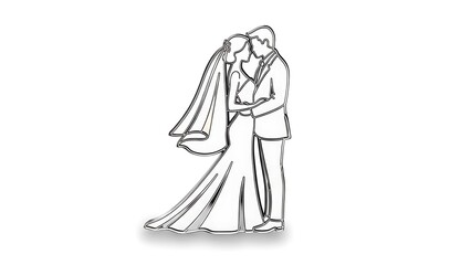 Obraz premium Elegant wedding couple silhouette kissing on white background, romantic embrace