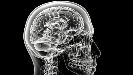 Detailed X-ray medical scan of the human brain and skull structure, highlighting neurological anatomy