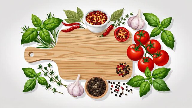 Fresh Herbs And Ingredients Arranged Around A Wooden Cutting Board