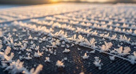 Obraz premium Closeup of frost crystals forming on a solar panel surface during a cold sunrise or sunset, illustrating winter energy challenges