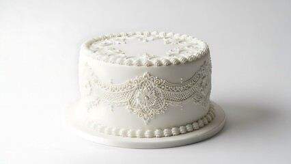 Elegant white cake with intricate royal icing lace and floral piping details