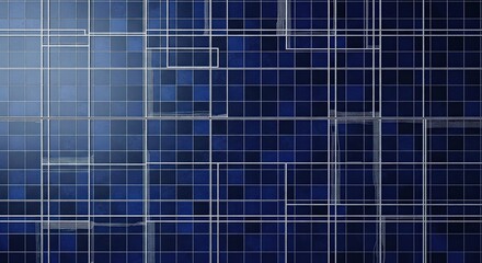 Abstract dark blue digital blueprint background with white geometric lines and textured squares, representing technology and data structure