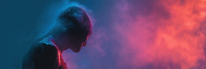A contemplative figure surrounded by vibrant, colorful smoke and light effects.