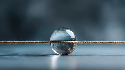 A crystal-clear marble balanced delicately on a string against a blurred background.