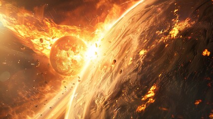 Concept art of colossal impact between Theia young Earth ejecting massive fire cloud Giant Impact Hypothesis cosmic explosion visualization digital space art artistic planetary render plain neutral