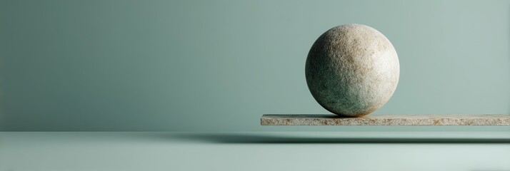 A minimalist design showcasing a balanced stone on a wooden plank against a calming backdrop.