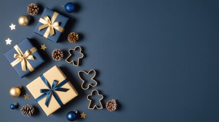 A flat lay photograph of Christmas gifts and decorations on a blue background
