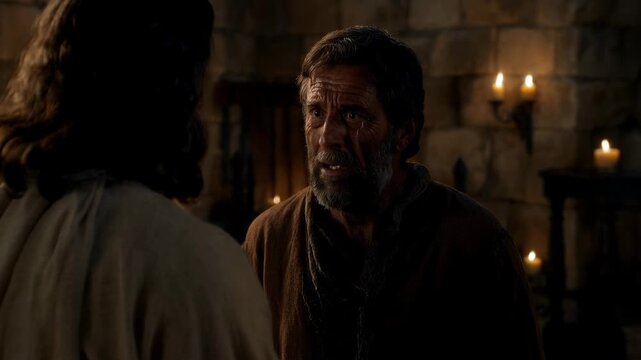 Jesus Christ telling Apostle Peter: 'Truly I tell you, this very night, before the rooster crows, you will deny me three times'. Emotional biblical prophecy of denial and sorrow