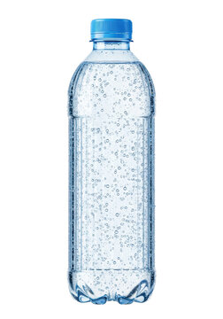 Pristine, ribbed pet plastic bottle filled with sparkling water, condensation droplets, light blue cap, commercial studio shot on transparent background. Concept of daily hydration and healthy