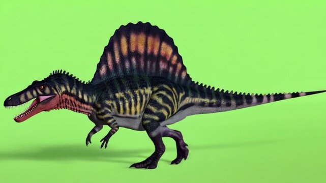 Dinosaur Spinosaurus walking with mouth open on green background