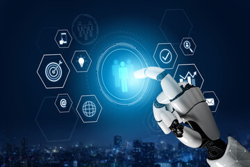 Fototapeta premium AI coordinating business teamwork, analyzing team communication, enhancing productivity, and aligning digital performance goals through structured collaboration systems. Vouch
