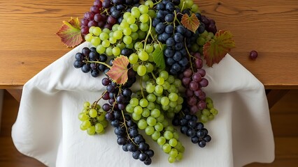 Abundant grape harvest of assorted varietals atop white linen cloth