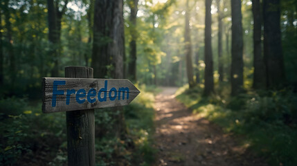 A serene forest pathway with a wooden sign indicating freedom
