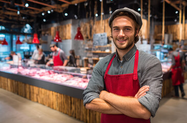 Obraz premium Handsome male butcher standing confidently with arms crossed in front of a meat counter at a market, wearing a gray shirt and red apron, smiling warmly