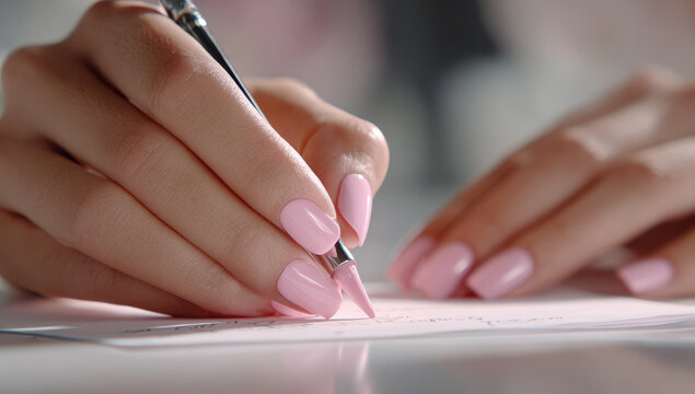 Hands with well-manicured nails being painted with pink nail polish using a fine brush, showcasing detailed nail care and grooming techniques