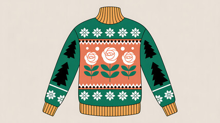 A digital illustration of a Christmas sweater with festive designs and snowflakes