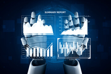 A pair of futuristic robotic hands hold a digital summary report showcasing various graphs and data visualizations, symbolic of advanced analytics. Impute
