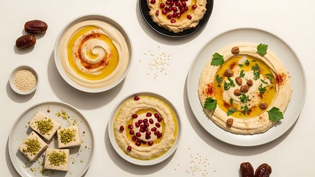 Variety of Hummus Creations with Dates and Halva on a White Surface