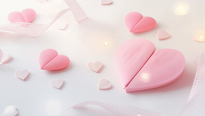 ハートの縁取りを連続線で表現した白背景デザイン リアル紙ハート付き.生成AI