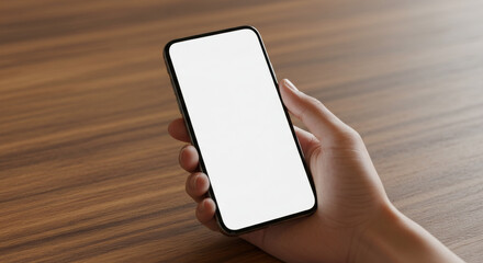 Digital Interface: An elegant hand delicately cradles a sleek smartphone, showcasing a blank digital interface against a rich, wooden texture, implying modern technology and seamless interaction.