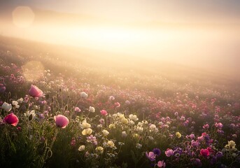 Fototapeta premium Mystical sunrise through fog over a field of springtime wildflowers