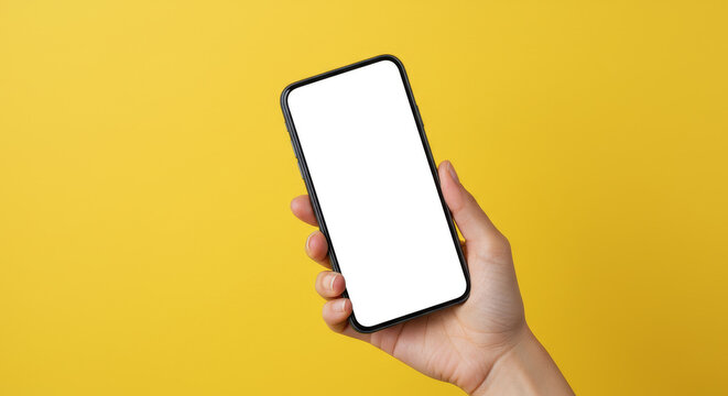 Modern Communication: A person's hand gracefully cradles a sleek smartphone against a vibrant yellow backdrop, emphasizing connectivity and technology's role in daily life. - Powered by Adobe