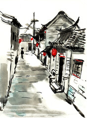 Traditional Beijing Hutong Street View Hand-Painted Watercolor of Old Houses
