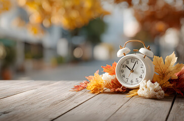 Fall Back Daylight Saving Time concept with white clock and autumn leaves, soft bokeh background on wooden board