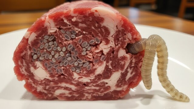 Disturbing raw meat with parasitic worms and eggs highlighting food safety concerns and health