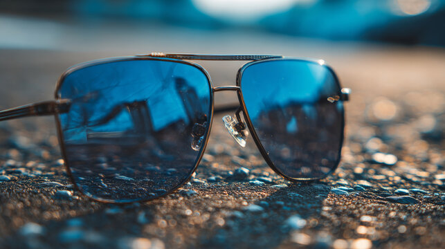 High-end sunglasses with blue reflective lenses featuring metal frame resting on rocky surface in outdoor setting