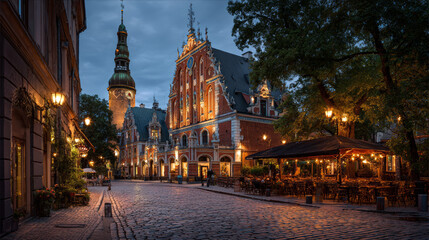 Obraz premium Historic church in riga latvia with intricate brickwork, ornate architectural details, tall steeple, and warm evening lighting in a charming city square