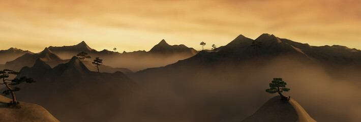 3D Rendering of wide mountain landscape covered by fog veil