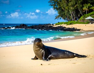 Sunny beach scene with a sea lion resting on the warm sand near waves