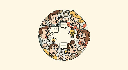 A circular image of cartoon people brainstorming, lightbulbs and speech bubbles