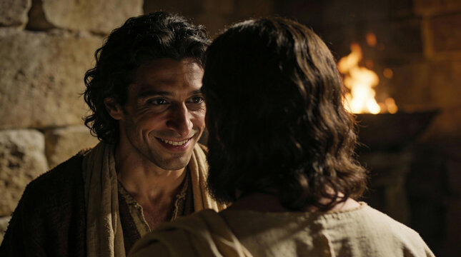 Judas Iscariot talking to Jesus Christ while plotting his betrayal. The cunning smile of the traitor in a dark ancient room with flickering firelight. Cinematic biblical scene.