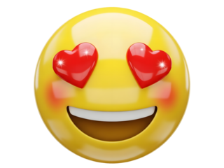 Lovely 3D yellow emoji face with red heart eyes and a happy smile, isolated.
