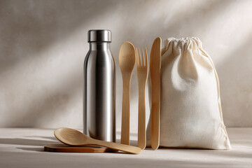 Eco-friendly still life showcasing a metal bottle, cotton bag, and bamboo cutlery, arranged with soft diffused lighting and modern sustainable lifestyle elements