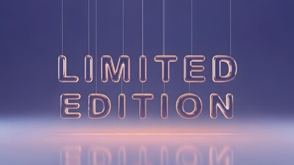 A captivating 3D render illustrating the phrase limited edition suspended by fine strings against soft purple background, evoking exclusivity and special offers