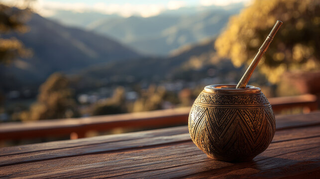 Intricately carved yerba mate gourd with metal straw on wooden surface against mountain landscape