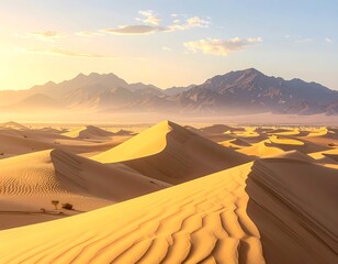 Sunrise over golden sand dunes, distant mountains, and hazy sky