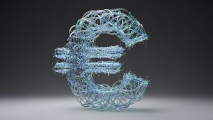 Complex euro currency symbol made of tangled transparent glass fiber optics glowing with digital data particles on studio gray background financial tech