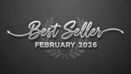 Best seller february 2026 elegant script lettering with shiny silver finish on dark background featuring laurel wreath for premium marketing display