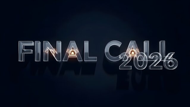 Final call 2026 with alarm symbol, futuristic chrome text with metallic texture on dark background, motion graphics, graphic design, announcement - Powered by Adobe
