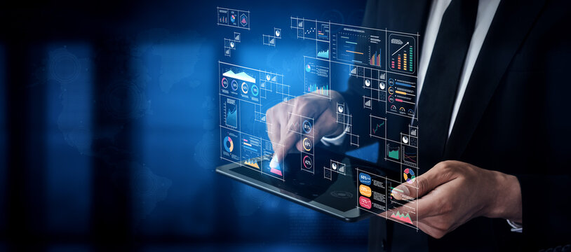 A big data visualization and business analytics dashboard grid. A complex collection of charts and graphs for comprehensive company reporting. Motif - Powered by Adobe